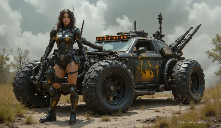 A female warrior in mechanical armor stands next to an oversized black and gold aeronef ovni, wearing vantablak helmet and holding weapons.. She is dressed in combat boots, with detailed high-definition portraits, in a science fiction style and cyberpunk b...