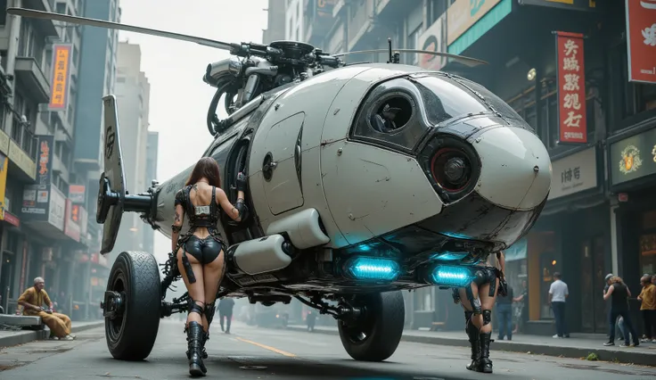 A futuristic, white, industrial mechanical helicopter with a large chrome engine, inspired by the design style of John Bonhurt's photography, with two beautiful female warriors dressed in steampunk-style war uniforms standing next to the vehicle. The vehic...