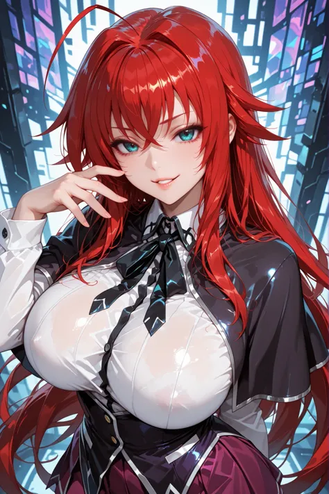 1 girl, Rias Gremory, red hair, ahoge, long hair, big breasts, black capelet, neck ribbon, white shirt, long sleeves, school uniform, purple skirt, good anatomy, standing, abstract background, looking at the viewer, detailed hands, naughty smile, attracti...