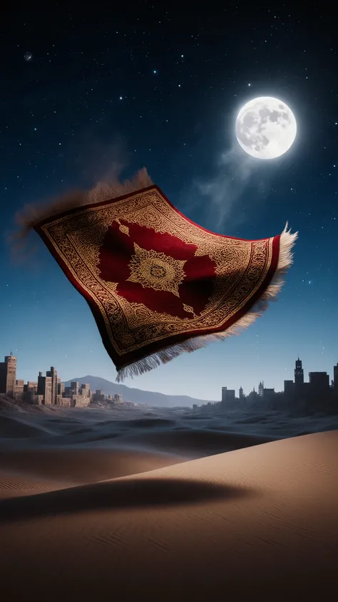 fantastic night view where the magic carpet dances in the sky illuminated by moonlight、deep red carpet with luxurious gold thread embroidery、delicate textile texture、sparkling gold arabesque pattern、Persian carpet details、soft light of the full moon、star々D...