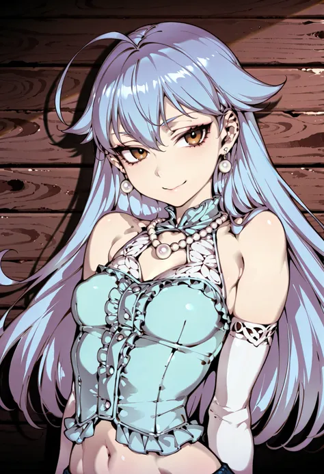 Source_anime, cute female, fishine style, 1girl, solo redhead BREAK
Light blue hair, long hair, hair flaps, brown eyes, small breasts BREAK
Frilled shirt, light blue shirt, bare shoulders, sleeveless, pearl necklace, single_ear_pearl_earring, navel, el...