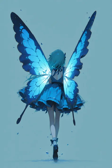 Da Floating Girl、Long hair dancing in the wind、blue dress decorated like translucent butterfly wings、deep outer space、star々Light 、Band of Light Like Aurora、Crystal fragments fly through the air、Dreamy Atmosphere、simple background