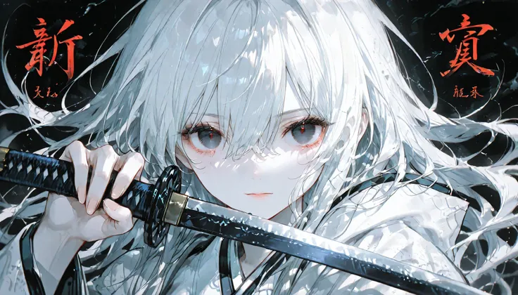 White Skin and Hair Color , very beautiful woman, Long Wavy White Hair, black eyes ,Her Hair Is Sacred White, In her hands、and Japanese characters written on it in the background, Godlike Perspective, confident expression, I have a longsword with Chines...