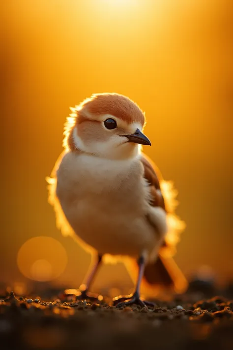A charming close-up photo,shows a beautiful bird,illuminated by soft golden light on a quiet morning,with a bokeh ball gently framing its petite body