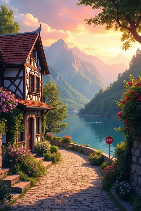 a small village by the river，Background is mountains，Flowers bloom，Brightly colored，Detailed Scenery，Beautiful Natural Scenery，Ambiance Lighting，Burning Sunsets，a warm color palette，utility，utility摄影，Detailed Leaves，Intricate architecture，cobblestone stree...