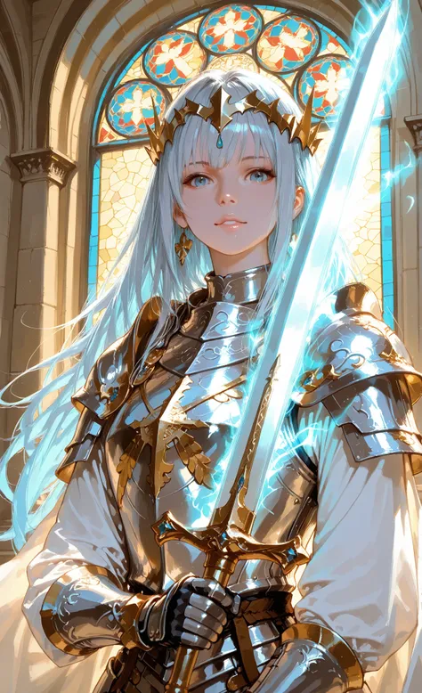 Upper body, 3/4 viewer,Practice, Clear photos, Realistic Details, , a silver-haired, long-haired female warrior wearing white metal armor adorned with gold, holding a glowing holy sword, graceful posture., Dark sharp face, glowing blue eyes, The background is an ancient temple at sunset, golden light shining through stained glass windows, x} Sacred atmosphere
