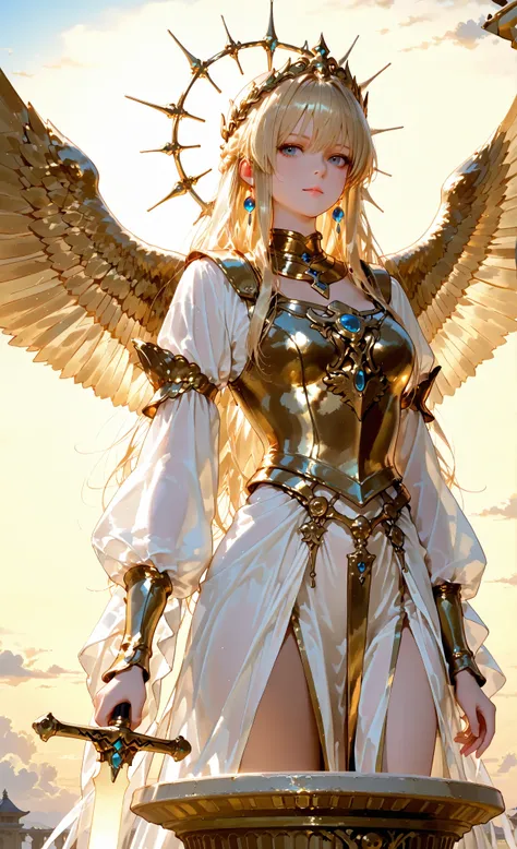 Practice, Clear photos, Realistic Details, 3/4 view, warrior goddess glowing golden hair, tall, graceful figure, magnificent face above man, blue eyes glowing with a glorious glow Sith wears gold armor adorned with crystals, elegant golden light wings, stands on a pedestal of sacred stones, the sword of the god shines brightly., Golden band of light encircles, Phoenix flying, The sky shines down, The backdrop is a sky temple in the midst of a cloud of gold
