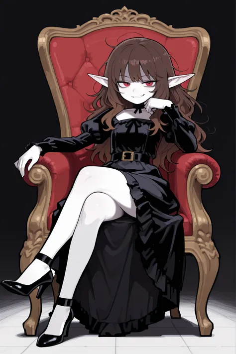 masterpiece , best quality , amazing quality , very aesthetic, woman, white skin, pale skin, tall, rounded elf ear, red eyes, drooping eyes, cold look, white pupil, long messy hair, brown hair, bangs, sharp canines, smirk, black gothic dress, heels, sittin...