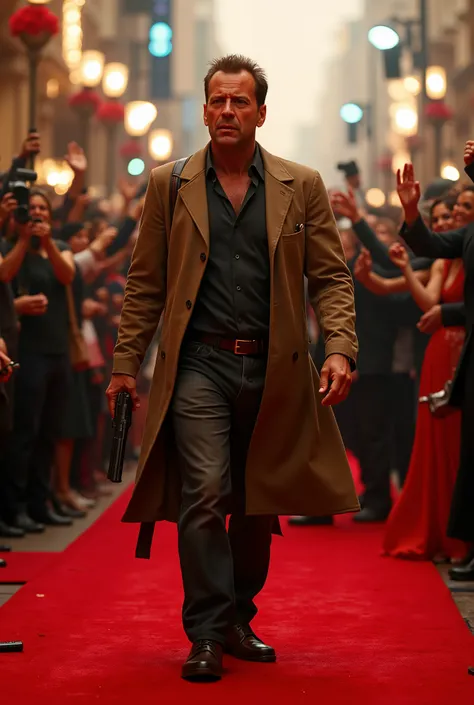 Detective John McClane is holding a gun in his rag clothes on the Hollywood red carpet、Panicked crowd lying down with their hands on their heads、Attendees of actors and actresses running away