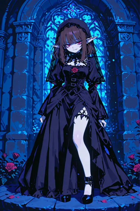 masterpiece , best quality , amazing quality , very aesthetic, woman, white skin, pale skin, tall, rounded elf ear, red eyes, drooping eyes, cold look, white pupil, feline pupil, long messy hair, brown hair, bangs, sharp canines, smirk, black gothic dress,...