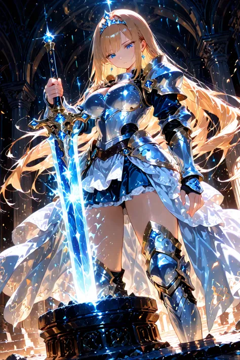 ((legendary sword stuck in a pedestal)), 1 girl, female knight, a dignified face, blue eyes, large breasts, chest armor, skirt, blone hair, long hair, shining Tiara, looking down, Trying to pull out a sword, 
wide-angle shot, tilted angle, Ultra detailed, Ultra highres, Ultra quality, Masterpiece anime style, HDR,  beautifully detailed contrast of light and shadow, 