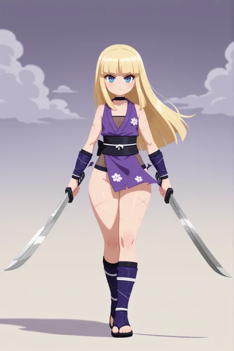 Pacifica Northwest, flat breasts, flat chest, skinny, huge hips, long hair, blonde hair, choker , | 1girl, solo, no lineart, full body, blinking, sidelocks, looking at viewer, rolling kick, straight-on, Sleeveless, thighs exposed, scars, ninja sword, serio...