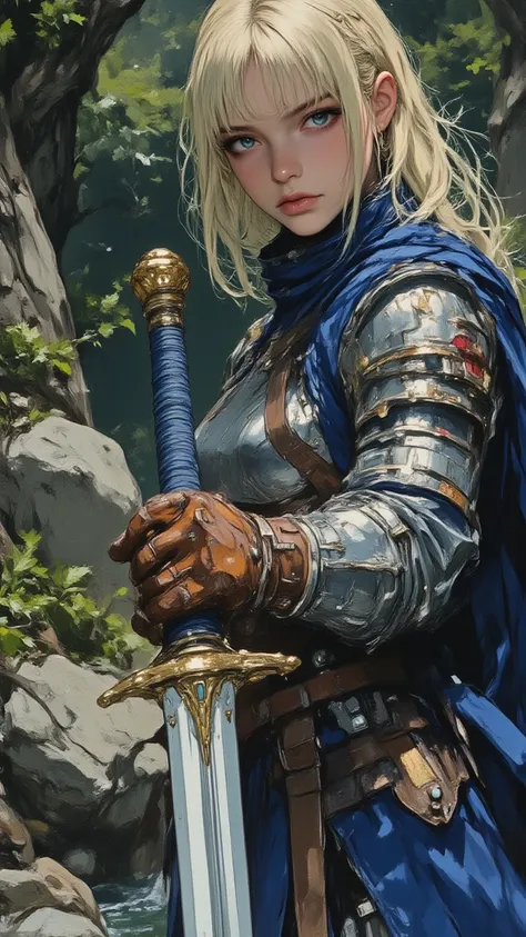 pingtu style,illustration-fen,hkstyle,film style,white lines,masterpiece、Highest Quality、detailed expression、Well-balanced Composition Using White Space、8k、very real、realistic、anatomically accurate hands and fingers、natural skeletal ratio、Physically Correct Positioning Relationship between Light Source and Shadow、Candid Portrait of the Full Body、female knight trying to pull out a large sacred sword stuck straight into a rock、holding the handle of the sacred sword firmly with her hand and pulling it out、Blonde ponytail with cut bangs、Gold and Royal Blue Battle Suit、Silver modern armor、Brown Leather Gloves and Crimson Armrests、 Brown Leather Belt 、Long Royal Blue Waist Cloth、Brown Leather Boots、Gold and Royal Blue Sacred Sword、The atmosphere where the legend of a new queen is about to begin、hair and clothes fluttering in the wind、Deep Forest Background with a Lake、Green tree々God who shines through between leaves々Shining light、of Seiken Camera angle looking up at a female knight from above、Atmosphere where the legend of a new queen is about to begin