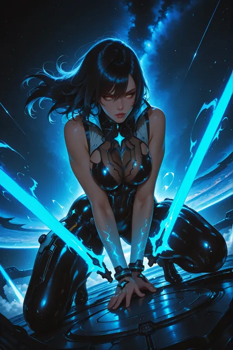 stellar blade, detailed highly detailed intricate, cinematic dramatic lighting, masterpiece, 8K, photorealistic, dynamic action pose, powerful energy blade, space background, futuristic sci-fi environment, glowing energy effects, dark moody atmosphere, moo...