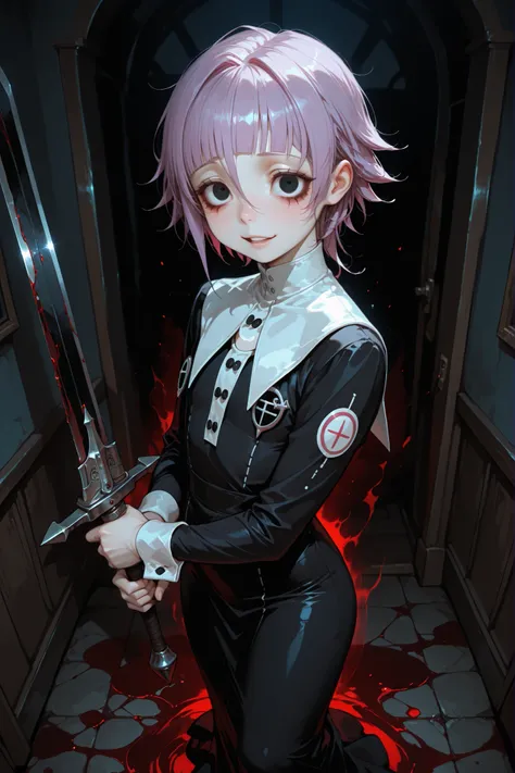 crona, solo, purple hair, short hair, black eyes, white collar, black dress, long sleeves, long dress, wrist cuffs, standing, dark room, looking at viewer, detailed hands, sword, holding a large sword, sword with black blade, crazy expression, maniacal smi...