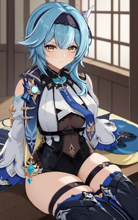 score_9,score_8_above,score_7_above BREAK EulaSDXL,1girl,hair ornament,thighhighs,Gloves,long sleeves,blue hair,yellow eyes,headband,tie,black Gloves,medium hair,Chibi,cable,Leotardo,marks on the skin,thigh strap,black headband,Leotardo negroo,blue tie,mul...