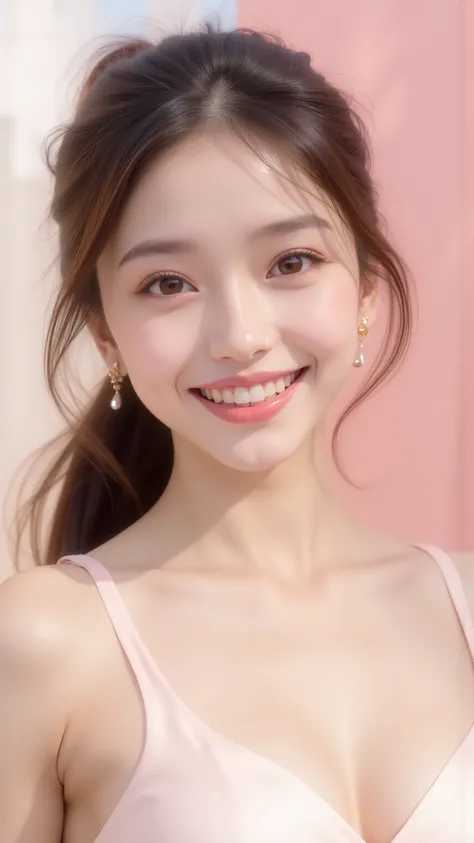 "A photorealistic fashion beauty FIGURE portrait of a graceful BRIGHTEST SMILE Japanese-Chinese woman in her early 20s, with radiant translucent skin, a gentle rosy glow, and soft luminous makeup. Her facial features are refined and elegant — slender nose,...