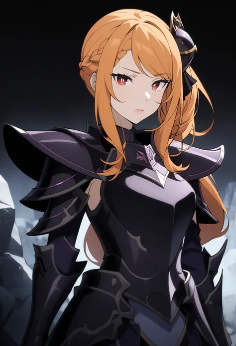 (high-quality, breathtaking),(expressive eyes, perfect face) Symmetrical Eyes, 1girl, female, solo, adult, looking at viewer, black background, soft eerie blue lighting background, rock terrain background, Dark Purple Armor, trim, full plate armor, half bo...