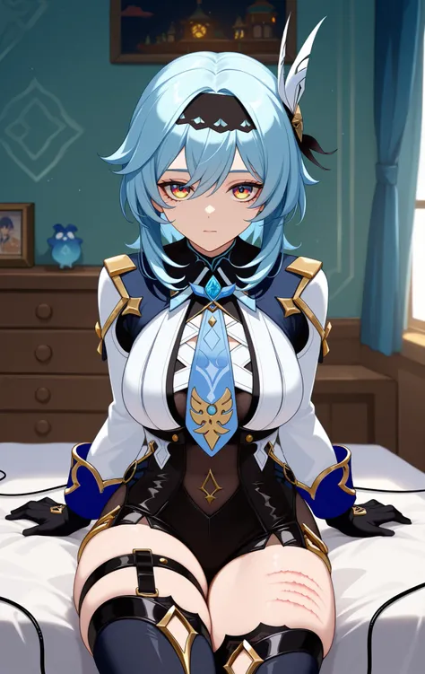 score_9,score_8_above,score_7_above BREAK EulaSDXL,a Woman, hair ornament, thighhighs, Gloves, long sleeves, blue hair, yellow eyes, headband, tie, black Gloves, medium hair, cable, Leotardo, marks on the skin, thigh strap, black headband, Leotardo negro, ...