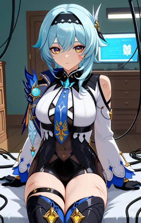 score_9,score_8_above,score_7_above BREAK EulaSDXL,a Woman, hair ornament, thighhighs, Gloves, long sleeves, blue hair, yellow eyes, headband, tie, black Gloves, medium hair, cable, Leotardo, marks on the skin, thigh strap, black headband, Leotardo negro, ...