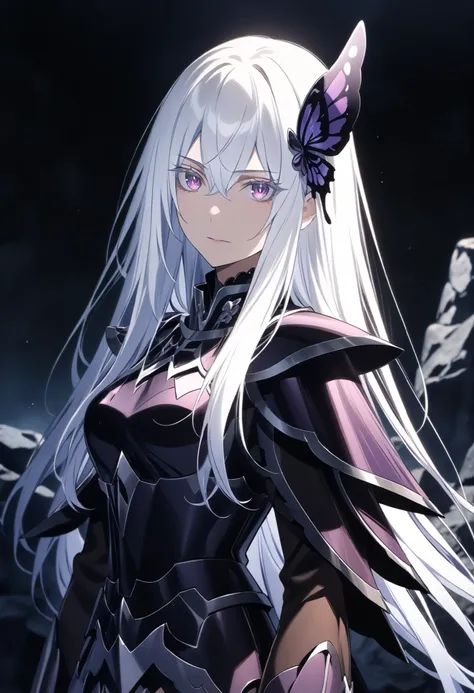 (high-quality, breathtaking),(expressive eyes, perfect face) Symmetrical Eyes, 1girl, female, solo, looking at viewer, black background, soft eerie blue lighting background, rock terrain background, Dark Purple Armor, trim, full plate armor, half body shot...