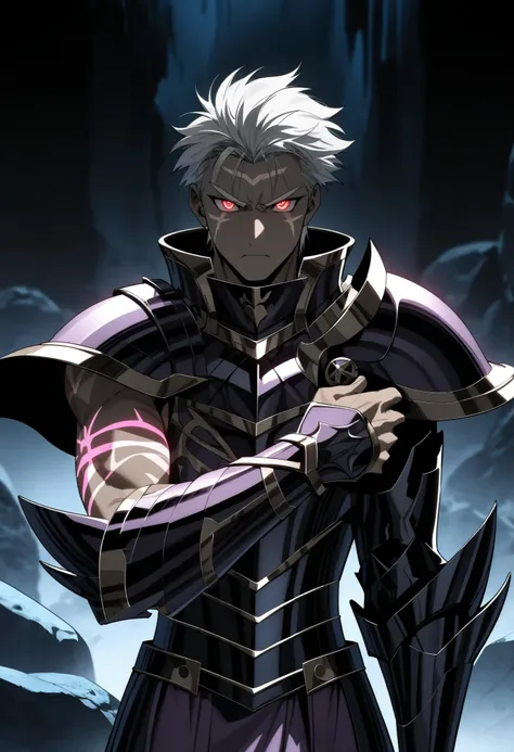 (high-quality, breathtaking),(expressive eyes, perfect face) Symmetrical Eyes, 1boy, male, solo, looking at viewer, black background, soft eerie blue lighting background, rock terrain background, Dark Purple Armor, trim, full plate armor, half body shot, s...