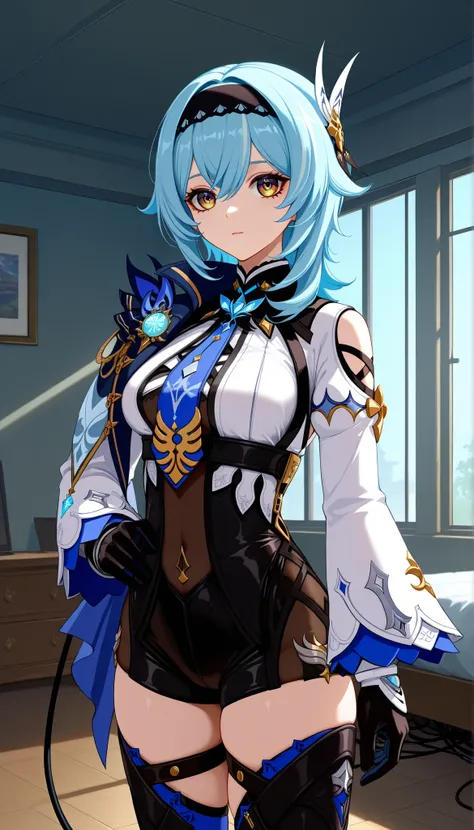 score_9,score_8_above,score_7_above BREAK EulaSDXL, a woman, hair ornament, thighhighs, Gloves, long sleeves, blue hair, yellow eyes, headband, atar, black Gloves, medium hair, Cable, Leotardo, thigh harness, black headband, Black Leotard, blue atar, multi...