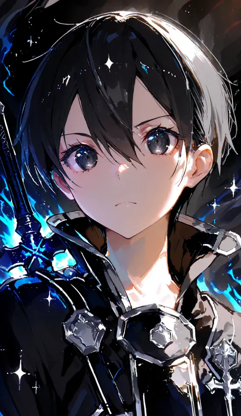 solo,bangs,eye focus,face,close-up,sparkle,looking at viewer,glowing,eyelashes,kazuto_kirigaya, kirito, black hair, black eyes, short hair, hair between eyes, he is drawing his black sword from his back, black robes with cape, full body, aura, in the rp...