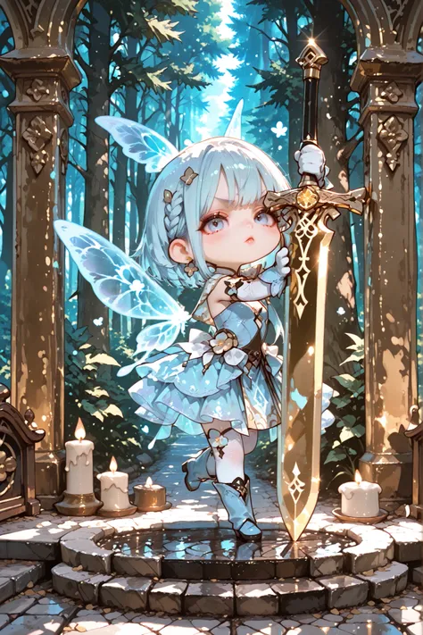 A translucent light blue fairy protecting the ancient golden sword that penetrated deep into the stone stand of the altar。A small body with thin wings、with sharp lips with an angry expression。people gathered around them to get a sacred sword々There are、ther...