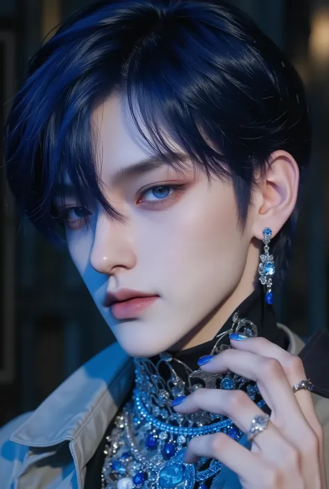 BIG BLUE EYES((Very big blue eyes are impressive))hanging eye(Shiny straight short dark blue hair)A clean nose with a high bridge、Smooth pale skin with a beautiful sense of transparency、He has smooth, beautiful skin on his thin chin、large luxurious blue ge...