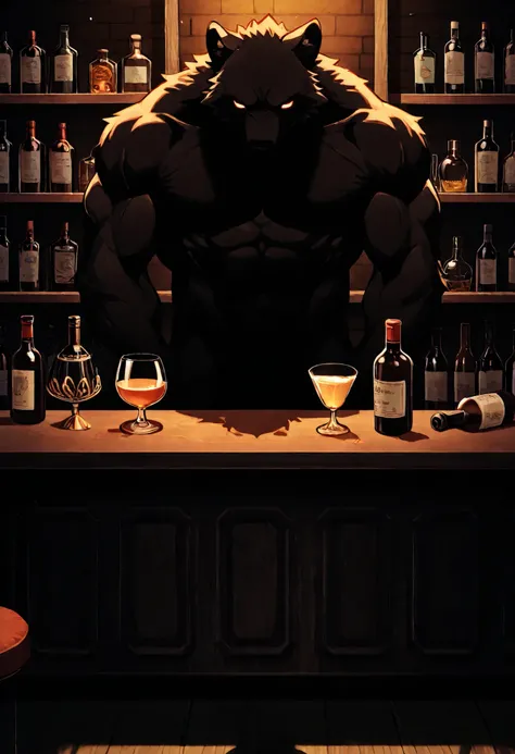 commission for high res, anthropomorphic, there is a shadow, Mysterious beastfolk shadow, Mysterious Shadow, Behind the counter bar, a ton of golden bells, bar, standing behind the bar, glassware, bottle of wine, cocktail, dim, mysterious, dark, shadow, 