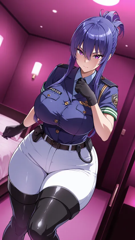hotel room is dark,from an angle,Akiyama Rinko(folded ponytail),good-looking woman,serious face,policewoman,White Pants,belt,black thigh high boots,navy blue short sleeve jacket,black rubber thigh long gloves for folding hair,thick thighs,