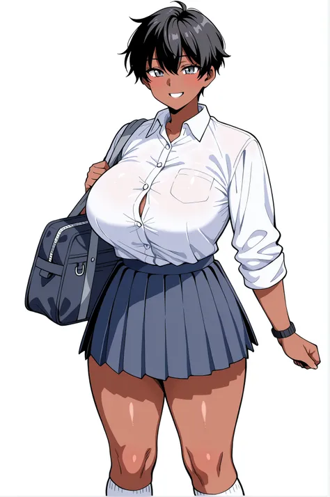 master、animation、solo、womanhood2people、(Thick black hair)、very short hair、boyish hair、has bangs and is making a small scream、 (gray eyes)、dark brown skin, watch、Smile Yan、Subtly red face、(light pink lipstick: 0.6)、big boobs、(Tightened a little)、(A little ...