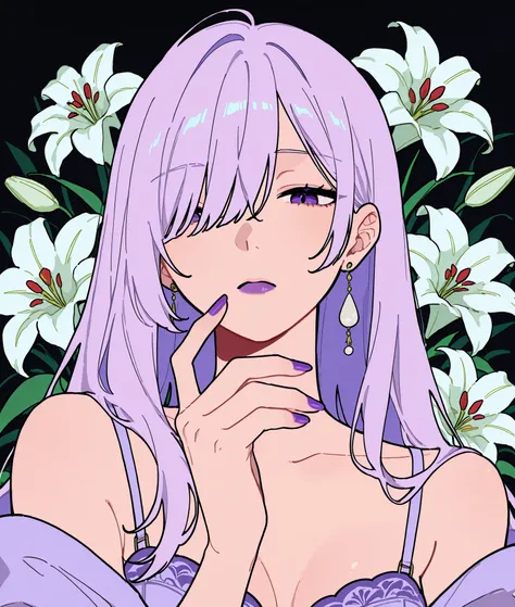 score_9, score_8_up, score_7_up, score_6_up, 1girl, solo, sexy, Lily, LilyDuolingo, girl, light purple hair, hair over one eye, purple nails, thin body, , Girl with a Pearl Earring,
(vector art:0.5) dramatic lighting,