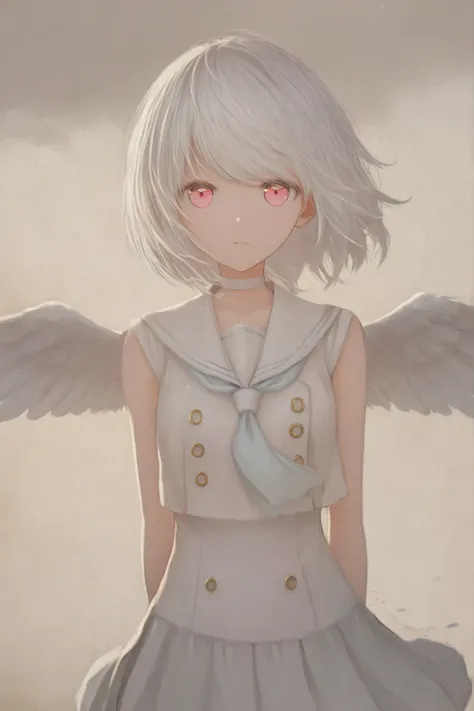 absurderes, hight resolution, (Anime style:1.1), ((masutepiece)), ((Best Quality)), (Ultra-detailed), (Beautiful), 独奏, Beautiful face、Cute little girl s,Wind,White hair、Hair long、Long、Pink eyes、Hair flutters in the wind、White sailor suit、Light blue tie、cut...