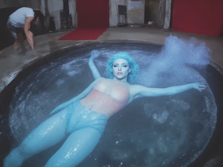 masterpiece, A man in work clothes is rolling up a curled red carpet、Red carpet stretching out from the back side、concrete ground、Scenery of a movie event being set up、Daytime、

sss, translucent, subsurface scattering、(Huge Transparent Slime Tentacles :1.8...