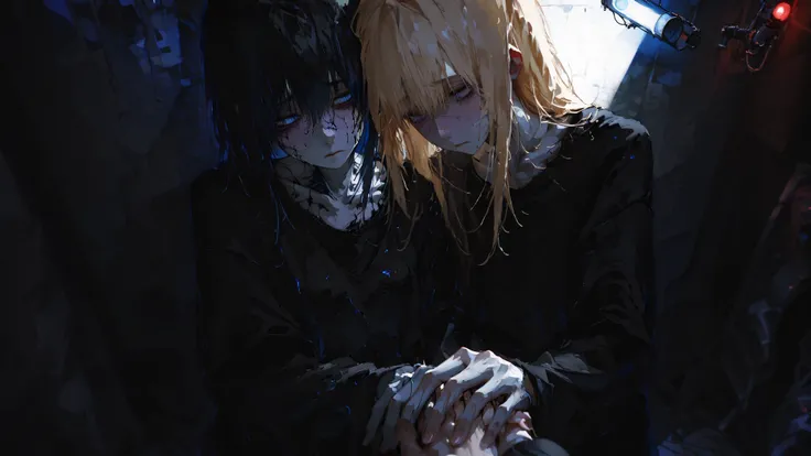 high-quality photo, ultra-detail, impeccable quality, emaciated couple holding hands, pale skin, protruding cheekbones, long blond hair both, deep blue eyes with dark circles, Sharp facial features , sad glances at each other, loose black clothes , dim li...