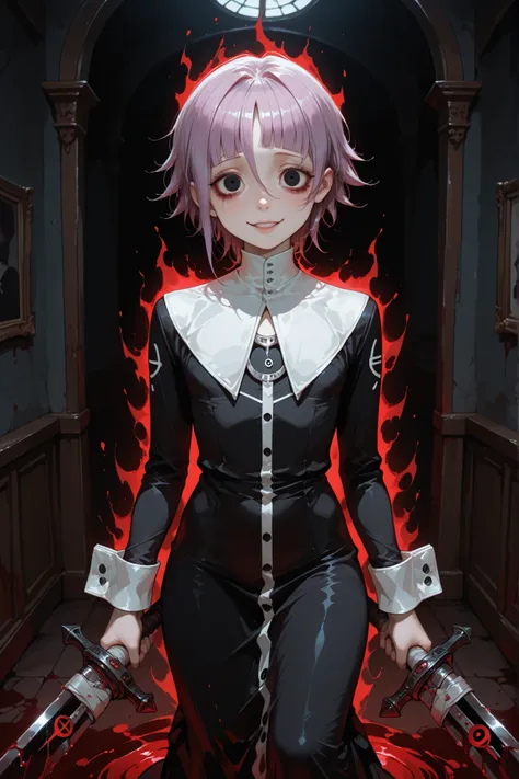 crona, solo, purple hair, short hair, black eyes, white collar, black dress, long sleeves, long dress, wrist cuffs, standing, dark room, looking at viewer, detailed hands, sword, holding a large sword, sword with black blade, crazy expression, maniacal smi...