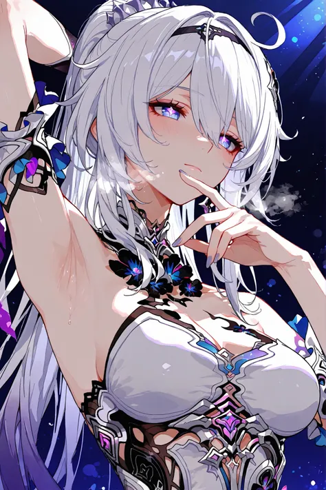 score_9, score_8_up, score_7_up, masterpiece, best quality, very aesthetic, absurdres, stunning image, particles of light, attractive image, 1girl, mature woman, Kiana Kaslana (Honkai Impact 3rd), Herrscher of finality, white hair, ahoge, high ponytail, lo...