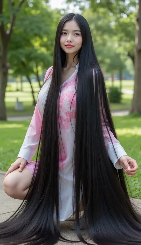 The Real Vietnamese Student, high detail (Best image quality、She is dressed in a pink and white traditional Vietnamese tunic and wears blue clogs, she is busty,Highest Quality、highest resolution、surreal photography、full body、Masterpiece、16k、)One girl。Super...