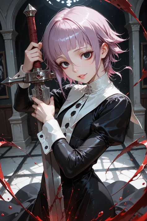 crona, solo, purple hair, short hair, black eyes, white collar, black dress, long sleeves, long dress, wrist cuffs, good anatomy, standing, detailed background, looking at viewer, holding a large sword, sword drawn, sword slash motion, bloody blade, detail...