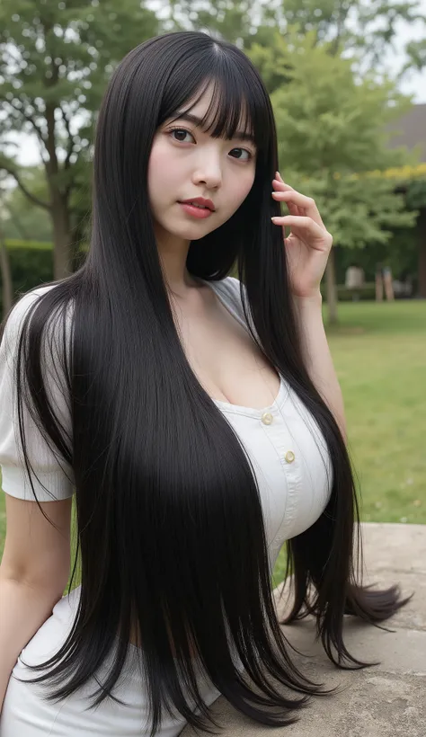 Realistic Japanese woman, high detail(Best image quality、She is wearing a short dress, discreet has a very nice pattern,she is busty,Highest Quality、highest resolution、surreal photography、full body、Masterpiece、16k、)One girl。Super long black hair。Hair lengt...