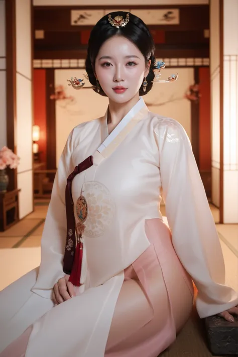 Sexy and Breasty Ancient Korean Milf. mature face. black hair. Sexy hanbok. Korean Palace Queen's Room Background.
