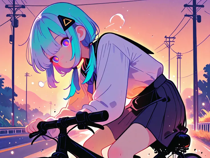 k4fu, diamond hair ornament, hair over shoulder, low twintails, multicolored eyes, white pupils, bright pupils,k4fu, masterpiece, (KAFU:1.3) sitting on bicycle rear rack, aqua hair flowing, school uniform skirt fluttering, holding onto cyclist's shirt, gol...