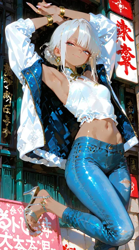 Cute,visiosomni,Outstanding Artwork, Slightly Realistic, Extraordinary Quality, Very Beautiful, Ultra High Resolution, High Resolution, Anime Style,...****, solo, 1 bangs, bun hairstyle, beautiful light silver hair, thin high heeled sandals, sultry, droopy...