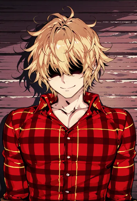 Source_anime, fishine style, 1boy, solo, adult man BREAK
Messy hair, handsome, blond hair, (yellow hair), messy hair, hair covered eyes BREAK
Plaid shirt, red shirt, long sleeves, collared shirt, upper body BREAK
Front view, smile, closed mouth,
W...