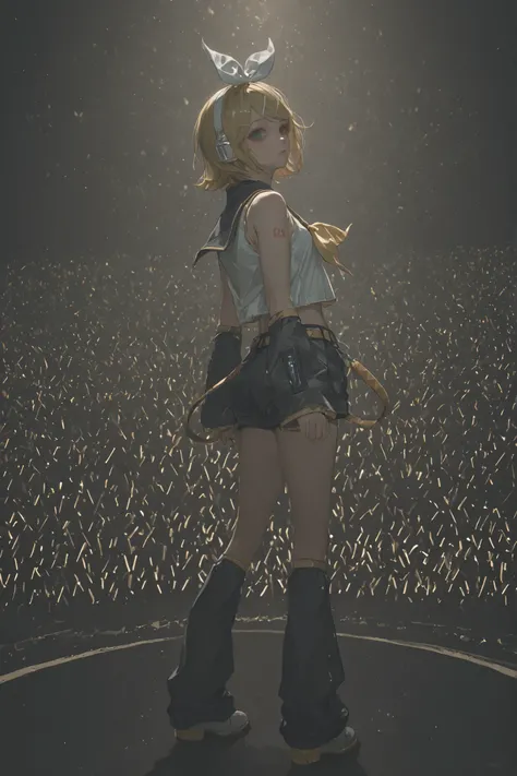 from behind, stage, stage light, performance,bare shoulders, belt, black sailor collar, black shorts, bow, crop top, detached sleeves, grey legwear, grey shorts, grey sleeves, hair bow, leg warmers, neckerchief, sailor collar, school uniform, shirt, short ...