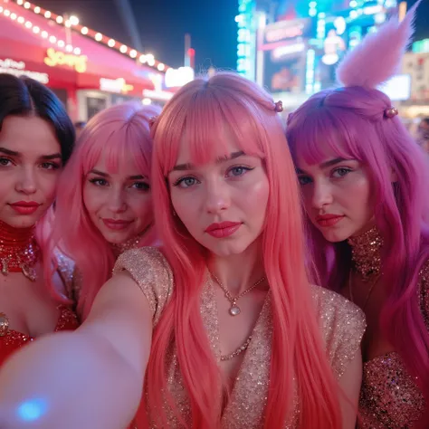  perspectiva de selfie , Cute and delicate girl with her best friends in a shiny latex trajes de cosplay. trajes de cosplay , festival.