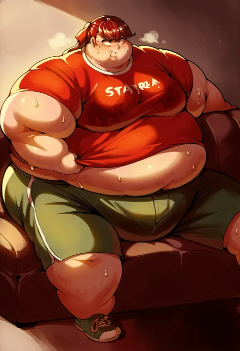 defSumi, long hair, ponytail, red bow, red hair, sweat shirt, midriff, dolphin shorts, sweating, growing fatter, fat, chubby, obese, full body shot, gigantic arms and legs, perfect quality, sitting on couch 