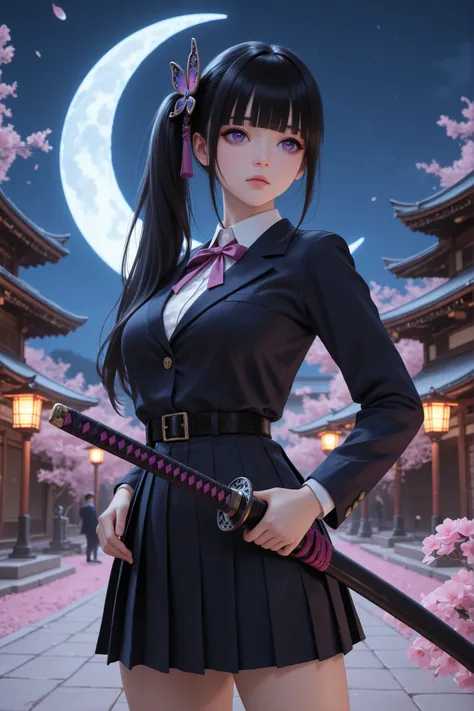 masterpiece, best quality, amazing quality, hyper-detailed, newest, very aesthetic, 1girl, aakanao, long hair, black hair, side ponytail, hair ornament, blunt bangs, purple eyes, medium breasts,Wearing school uniforms, (Pink japanese sword), scabbard, stan...